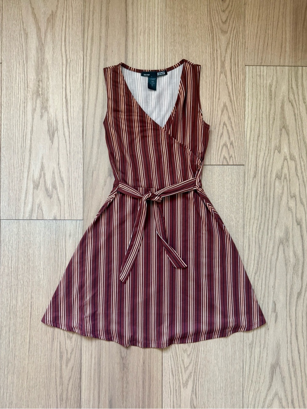 Striped Brown Sleeveless Wrap Dress with Tie Waist
